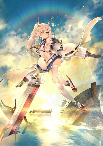 Anime picture 850x1200 with azur lane ayanami (azur lane) teddy (khanshin) single long hair tall image looking at viewer blush fringe breasts open mouth light erotic hair between eyes holding payot sky silver hair cloud (clouds) full body ponytail