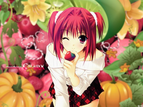 Anime picture 1400x1050 with r.g.b! shiki asahi suzuhira hiro single short hair smile red eyes bare shoulders red hair one eye closed wink two side up cute girl skirt food fruit berry (berries) vegetables apple