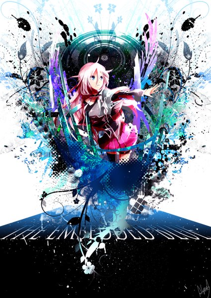Anime picture 1000x1412 with vocaloid ia (vocaloid) alyssa single long hair tall image open mouth blue eyes signed pink hair ahoge pleated skirt inscription girl thighhighs skirt flower (flowers) miniskirt choker single thighhigh