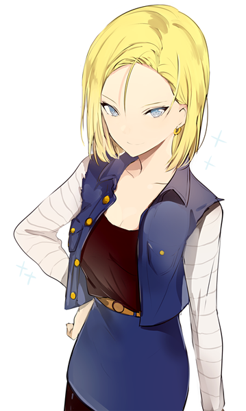 Anime picture 562x939 with dragon ball dragon ball z android 18 lpip single tall image looking at viewer blush short hair blue eyes blonde hair simple background smile standing white background upper body long sleeves open clothes shadow striped