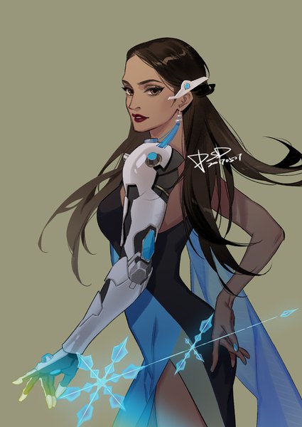 Anime-Bild 650x918 mit overwatch blizzard entertainment symmetra (overwatch) psd (pixiv) single long hair tall image black hair simple background brown eyes signed looking away nail polish lipstick dark skin dated side slit red lipstick arm behind back green background