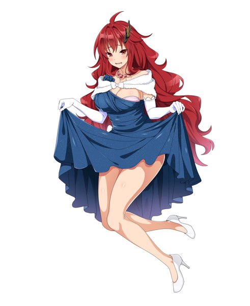 Anime picture 1000x1222 with valkyrie drive arms corporation kisaragi setsuna cle masahiro single long hair tall image blush open mouth light erotic simple background red eyes white background ahoge red hair bare legs girl dress gloves hair ornament