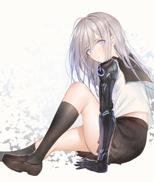 Anime picture 2976x3508 with original horz single long hair tall image looking at viewer fringe highres blue eyes simple background hair between eyes white background sitting silver hair bent knee (knees) pleated skirt looking back arm support mechanical arms girl