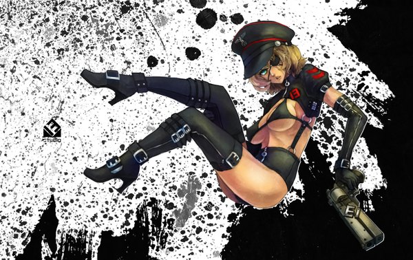 Anime picture 3936x2480 with monori rogue single highres short hair breasts light erotic blonde hair green eyes absurdres girl gloves weapon elbow gloves lingerie bra gun thigh boots eyepatch pistol flat cap