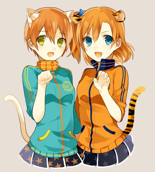Anime picture 800x885 with love live! school idol project sunrise (studio) love live! kousaka honoka hoshizora rin chisumi tall image looking at viewer blush short hair open mouth blue eyes simple background smile multiple girls green eyes animal ears tail animal tail cat ears