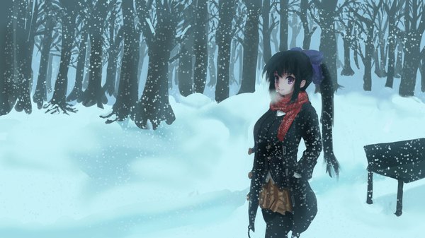 Anime picture 1920x1080 with omamori himari zexcs noihara himari noobcakeart single long hair looking at viewer fringe highres black hair smile wide image standing purple eyes payot outdoors ponytail snowing winter snow