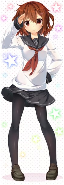 Anime picture 350x1000 with kantai collection ikazuchi destroyer nironiro single tall image blush short hair smile brown hair brown eyes pleated skirt salute girl skirt pantyhose star (symbol) sailor suit