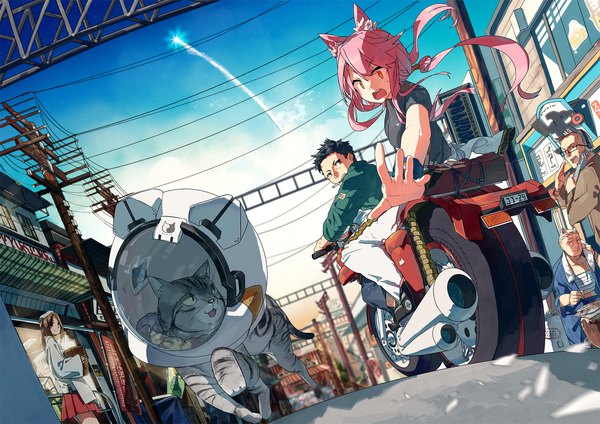 Anime picture 2157x1523 with original hitogome long hair highres short hair open mouth black hair brown hair twintails multiple girls animal ears pink hair sky outdoors ponytail cat ears open clothes open jacket multiple boys orange eyes
