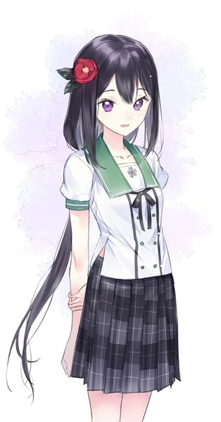 Anime picture 600x1143 with ensemble girls! kodama hajime macciatto (aciel02) single long hair tall image looking at viewer fringe black hair white background purple eyes hair flower plaid skirt low ponytail holding arm girl skirt uniform flower (flowers) serafuku