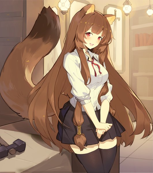 Anime picture 2382x2689 with tate no yuusha no nariagari kinema citrus raphtalia cubies (tiger 205) single long hair tall image looking at viewer blush fringe highres breasts open mouth smile red eyes brown hair standing animal ears indoors tail