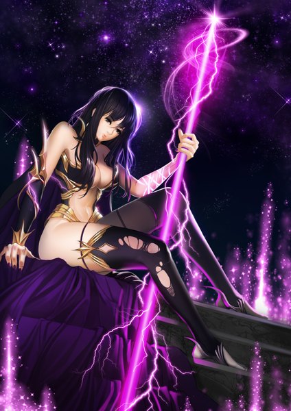 Anime picture 3000x4244 with original silvester single long hair tall image looking at viewer fringe highres breasts blue eyes light erotic black hair sitting magic girl thighhighs torn thighhighs
