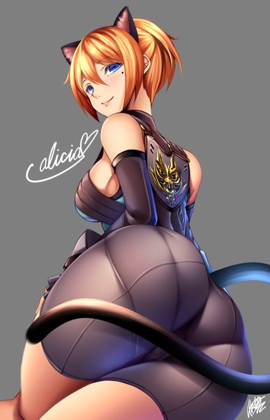 Anime picture 900x1395 with god eater 2 original player (god eater 2) watanuki kaname single tall image fringe short hair blue eyes light erotic simple background smile animal ears ass tail animal tail looking back from behind cat ears orange hair