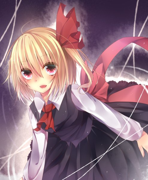 Anime picture 1400x1700 with touhou rumia shikke (1877944) single tall image looking at viewer blush fringe short hair open mouth blonde hair hair between eyes red eyes one side up girl dress ascot
