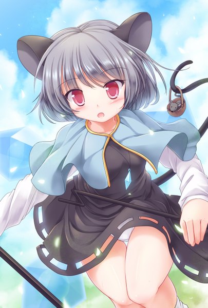 Anime picture 945x1400 with touhou nazrin lzh single tall image blush short hair open mouth light erotic animal ears tail animal tail pink eyes grey hair pantyshot mouse ears mouse tail girl dress underwear