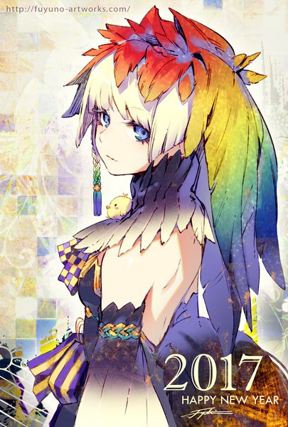 Anime picture 1378x2039 with original yuranpo single tall image looking at viewer fringe short hair blue eyes blonde hair signed upper body braid (braids) multicolored hair inscription text turning head single braid gradient hair striped bare back