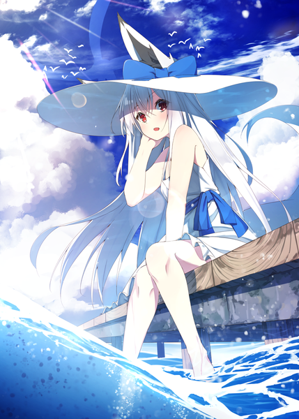 Anime picture 1072x1500 with original shiro youduki single long hair tall image looking at viewer blush fringe open mouth hair between eyes red eyes sitting bare shoulders animal ears sky silver hair full body bent knee (knees) outdoors tail