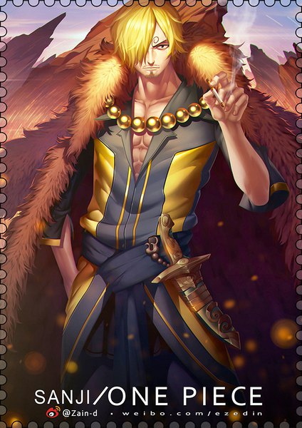 Anime picture 650x919 with one piece toei animation sanji zhang ding single tall image looking at viewer fringe short hair blonde hair standing holding signed outdoors black eyes hair over one eye copyright name character names fur trim smoke
