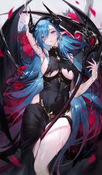 Anime picture 2635x4500 with azur lane mary celeste (azur lane) mary celeste (grim night's reaper) (azur lane) qiandaiyiyu single long hair tall image looking at viewer fringe highres breasts open mouth blue eyes light erotic large breasts blue hair lying arm up horn (horns) fingernails