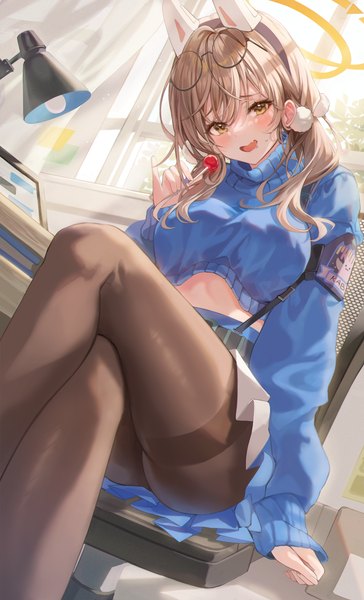 Anime picture 2486x4100 with blue archive moe (blue archive) lujang (fudge) single long hair tall image looking at viewer fringe highres open mouth light erotic blonde hair hair between eyes sitting twintails animal ears yellow eyes indoors :d crossed legs