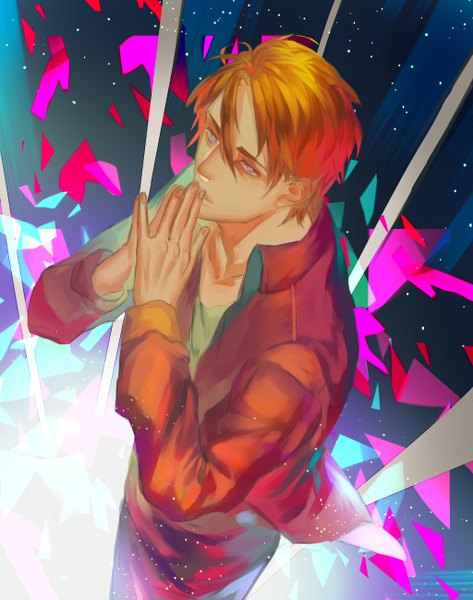 Anime picture 1024x1300 with original bwusagi single tall image blue eyes from above orange hair hand to mouth praying boy jacket