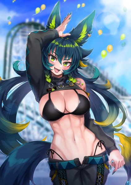 Anime picture 2894x4093 with virtual youtuber indie virtual youtuber amagami shinia sahara1127 single long hair tall image looking at viewer blush fringe highres breasts open mouth light erotic black hair hair between eyes large breasts standing twintails green eyes
