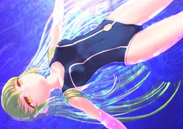 Anime picture 1100x777 with code geass sunrise (studio) c.c. single long hair fringe light erotic yellow eyes green hair on back girl swimsuit water