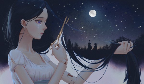 Anime picture 2001x1167 with original vivid (bibido) long hair highres blue eyes black hair wide image holding looking away upper body profile night night sky tears solo focus crying silhouette sad abstract doll joints