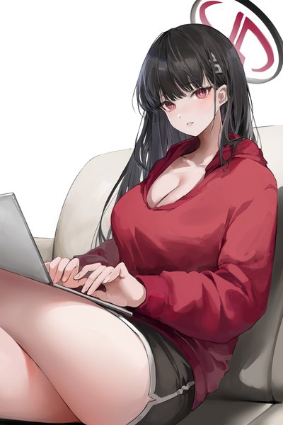 Anime picture 4000x6000 with blue archive rio (blue archive) lillly single long hair tall image looking at viewer fringe highres breasts light erotic black hair simple background red eyes large breasts white background sitting absurdres cleavage blunt bangs