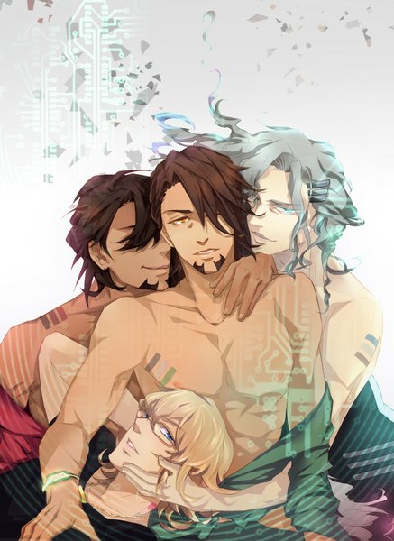 Anime picture 800x1097 with tiger & bunny sunrise (studio) kaburagi t. kotetsu barnaby brooks jr. yuri petrov ebitetsu hellipa long hair tall image fringe short hair blue eyes simple background blonde hair brown hair yellow eyes aqua eyes nude wind grey hair