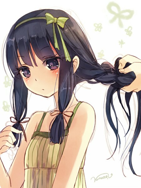 Anime picture 600x800 with kantai collection kitakami light cruiser nunucco single long hair tall image blush fringe black hair white background bare shoulders signed braid (braids) black eyes adjusting hair looking down tress ribbon hairdressing braiding hair girl