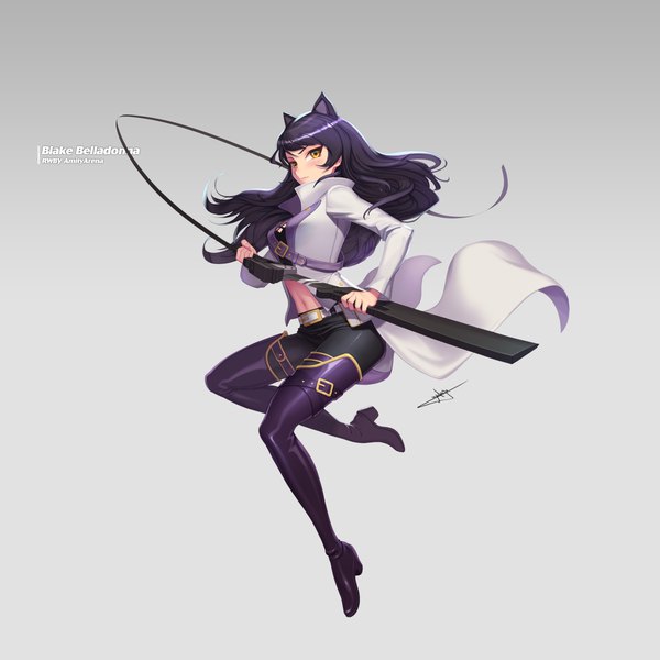 Anime picture 6000x6000 with rwby rooster teeth blake belladonna uyalago single long hair looking at viewer highres black hair simple background signed animal ears yellow eyes absurdres full body long sleeves cat ears grey background copyright name character names