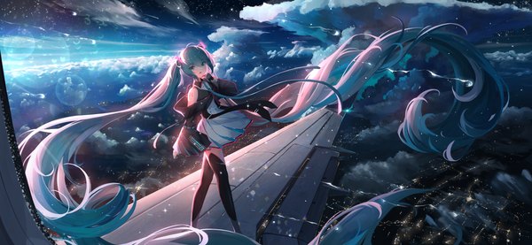 Anime picture 5538x2559 with vocaloid hatsune miku prinz eugen1938 single looking at viewer fringe highres open mouth hair between eyes wide image standing twintails holding absurdres sky cloud (clouds) full body ahoge outdoors very long hair