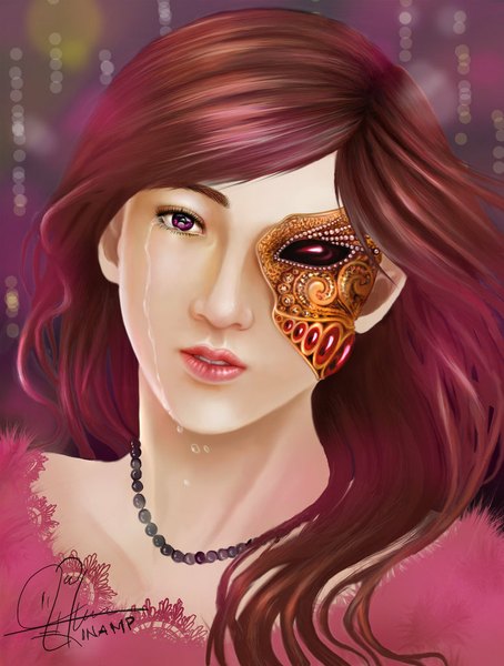 Anime picture 778x1028 with original inawong single long hair tall image looking at viewer brown hair purple eyes signed lips tears face girl jewelry mask beads