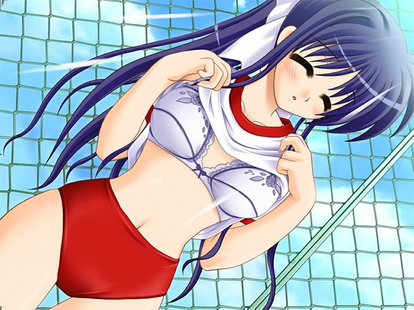 Anime picture 1024x768 with sakura machizaka stories (game) long hair blush light erotic game cg purple hair eyes closed shirt lift girl uniform gym uniform