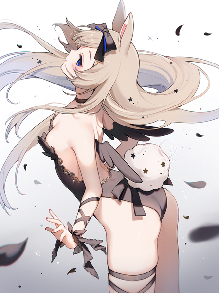 Anime picture 1354x1805 with virtual youtuber indie virtual youtuber yenko (vtuber) yenkoes single long hair tall image blue eyes light erotic blonde hair animal ears cleavage ass tail animal tail bunny ears arched back bunny tail girl bow