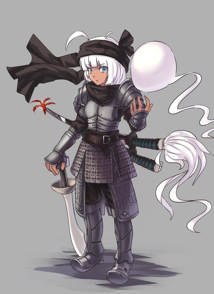 Anime picture 1090x1500 with touhou konpaku youmu myon koissa single tall image looking at viewer fringe short hair blue eyes simple background standing full body ahoge white hair blunt bangs grey background alternate costume dark skin girl