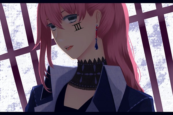 Anime picture 1100x728 with vocaloid megurine luka bounin single long hair open mouth blue eyes pink hair tattoo girl earrings choker