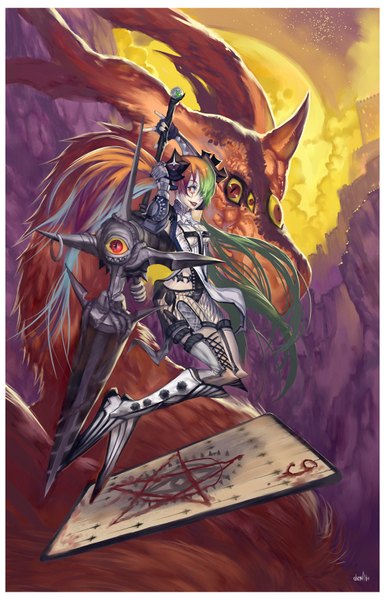 Anime picture 1100x1714 with elsevilla tall image fringe smile red eyes very long hair nail polish multicolored hair lips hair over one eye girl sword armor card (cards) monster