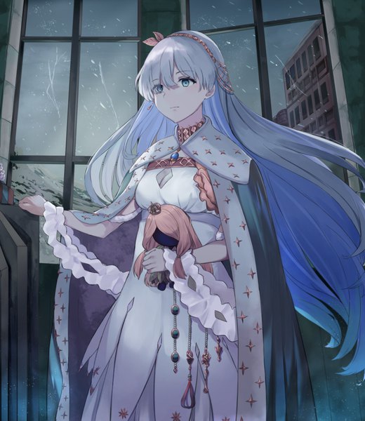 Anime picture 850x979 with fate (series) fate/grand order anastasia (fate) viy (fate) mosta (lo1777789) single long hair tall image fringe blue eyes hair between eyes standing holding looking away indoors grey hair floating hair rain girl dress