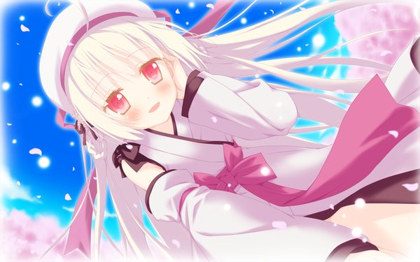 Anime picture 2048x1280 with astralair no shiroki towa yuuki (astralair no shiroki towa) single long hair looking at viewer blush highres open mouth game cg white hair pink eyes loli girl dress detached sleeves petals beret