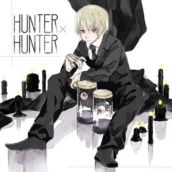 Anime picture 2000x2000 with hunter x hunter kurapica yamato (aoiaoiao921) single looking at viewer fringe highres short hair blonde hair hair between eyes red eyes sitting full body copyright name boy necktie ring suit candle (candles) eyeball