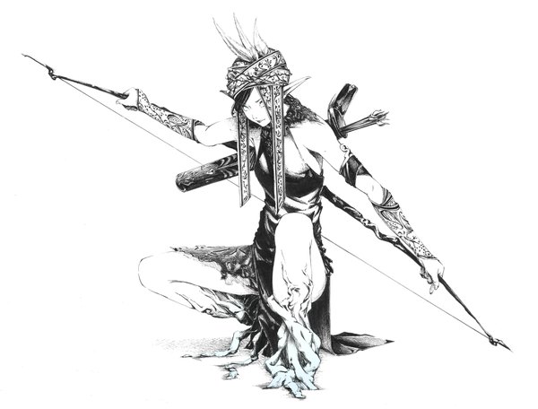 Anime picture 1100x836 with original pixiv fantasia pixiv fantasia iv sousou (sousouworks) single blue eyes black hair smile white background bare shoulders full body pointy ears monochrome girl dress feather (feathers) bow (weapon) arrow (arrows)