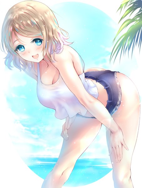 Anime picture 680x900 with love live! sunshine!! sunrise (studio) love live! watanabe you ponytail korosuke single tall image looking at viewer blush fringe short hair breasts open mouth blue eyes light erotic blonde hair smile large breasts standing bare shoulders