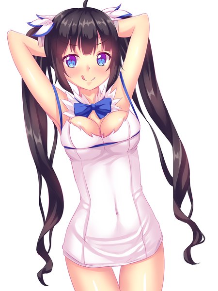 Anime picture 1200x1600 with dungeon ni deai wo motomeru no wa machigatteiru darou ka j.c. staff hestia (danmachi) nottytiffy single long hair tall image looking at viewer fringe breasts blue eyes light erotic black hair simple background standing white background twintails cleavage ahoge bare legs