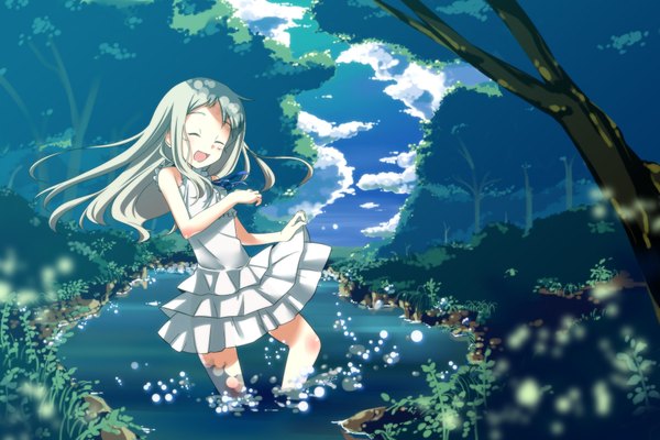 Anime picture 1800x1200 with ano hi mita hana no namae wo bokutachi wa mada shiranai a-1 pictures honma meiko yanagi yuu single long hair highres open mouth smile white hair eyes closed girl water sundress