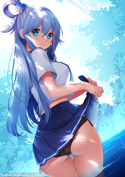 Anime picture 1000x1414 with kono subarashii sekai ni shukufuku wo! studio deen aqua (konosuba) kaho okashii single long hair tall image looking at viewer blush fringe breasts blue eyes light erotic smile hair between eyes standing blue hair ass outdoors pleated skirt