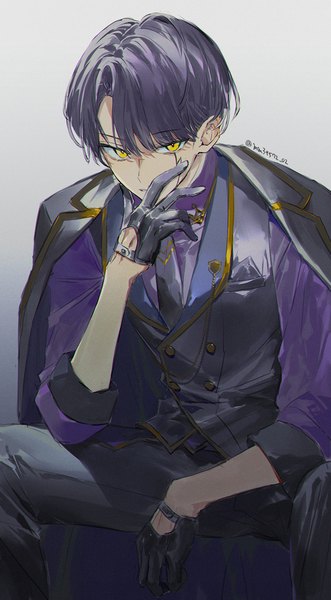 Anime picture 860x1557 with mashle a-1 pictures mash burnedead mm39572 single tall image looking at viewer short hair simple background sitting signed yellow eyes purple hair grey background twitter username clothes on shoulders hand on face boy gloves black gloves