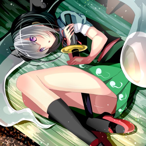 Anime picture 1700x1700 with touhou konpaku youmu myon suzuka (14175420) single looking at viewer blush fringe short hair open mouth purple eyes holding silver hair bent knee (knees) lying pleated skirt from above :o sheathed girl