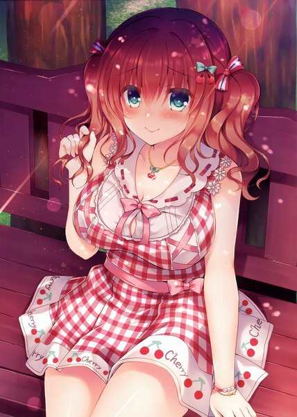 Anime picture 2109x2959 with original suzunone rena single long hair tall image looking at viewer blush fringe highres breasts blue eyes smile hair between eyes large breasts sitting payot outdoors red hair scan two side up