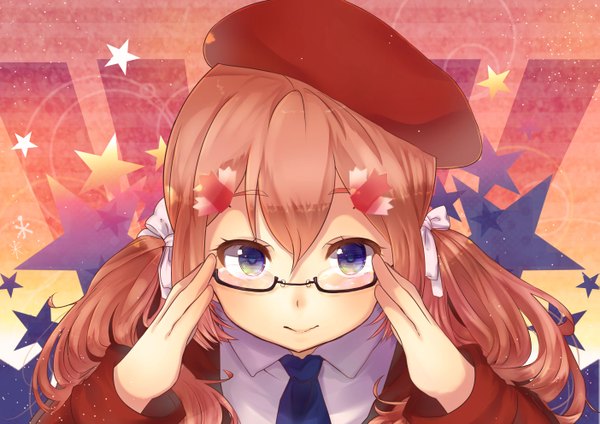 Anime picture 2806x1984 with axis powers hetalia studio deen canada (hetalia) yoishigure kaede single long hair looking at viewer blush highres smile brown hair purple eyes twintails from above adjusting glasses girl hair ornament ribbon (ribbons) hair ribbon glasses